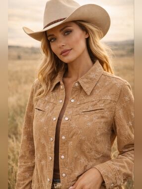 52 WEEKENDS Jacket Womens XL Tan Beige Corduroy Pearl Snap Western Boho Prairie